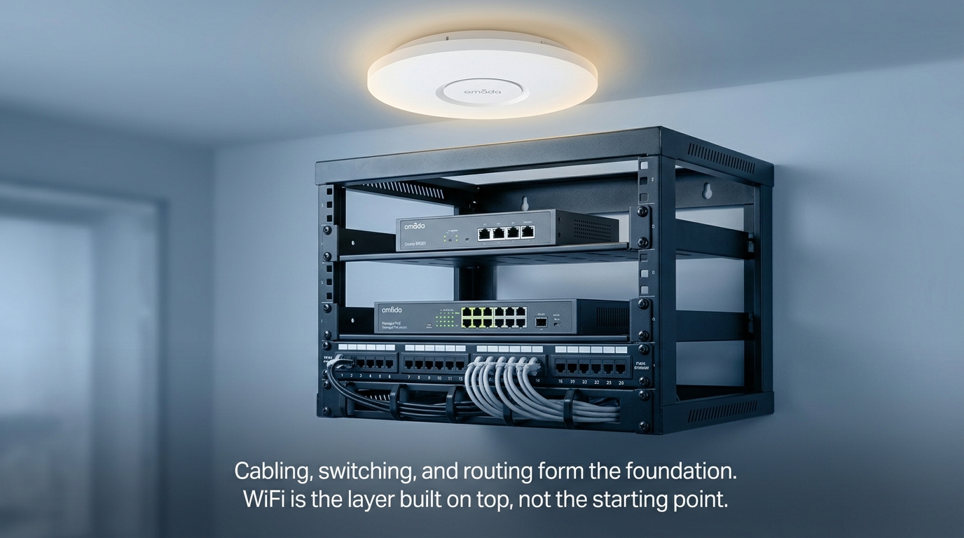 Product photo of a network rack showing structured cabling, a managed switch, and a gateway stacked beneath a WiFi access point