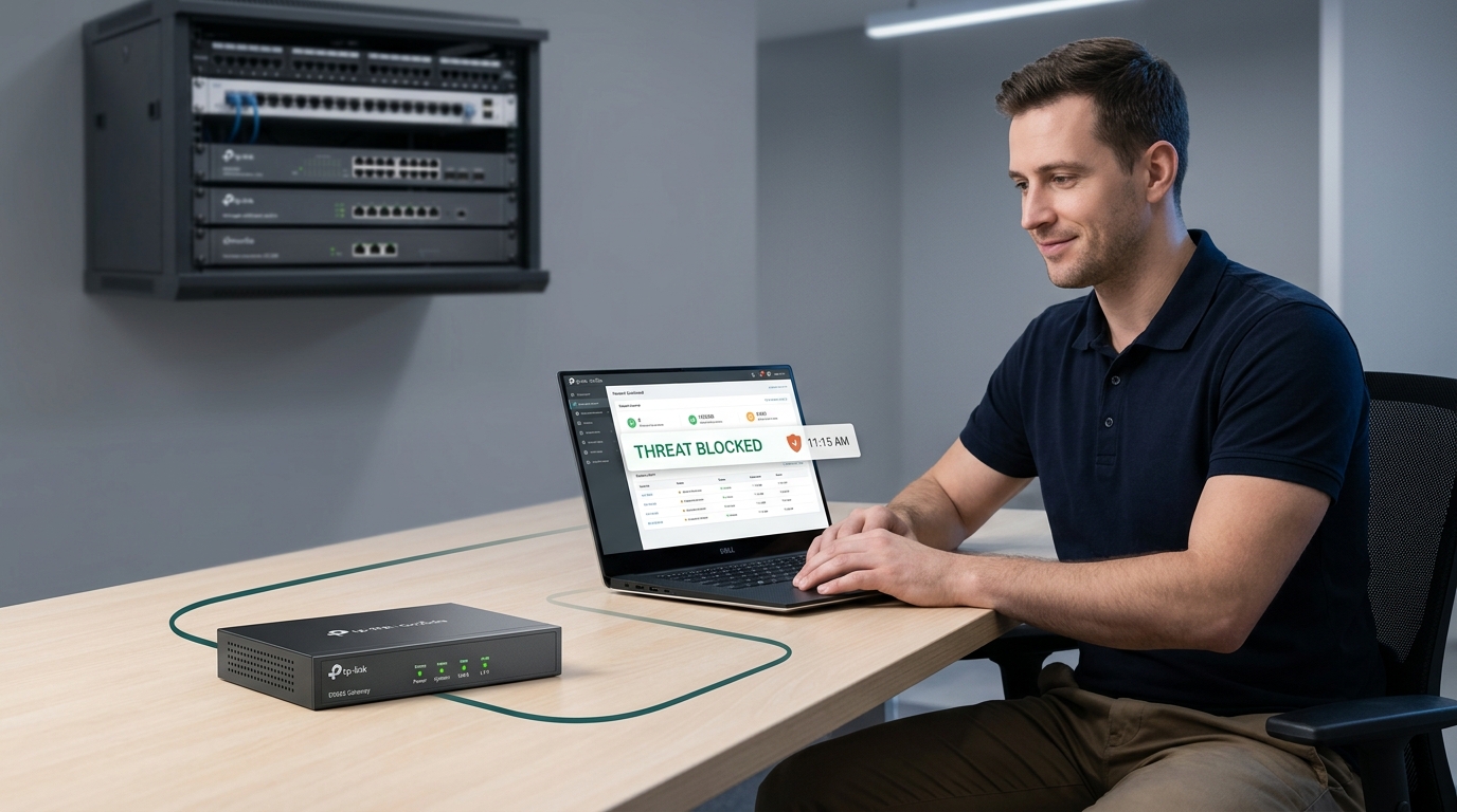 An IT admin watches a dashboard confirm a real intrusion attempt was stopped, with the Omada hardware enforcing it visible on the desk