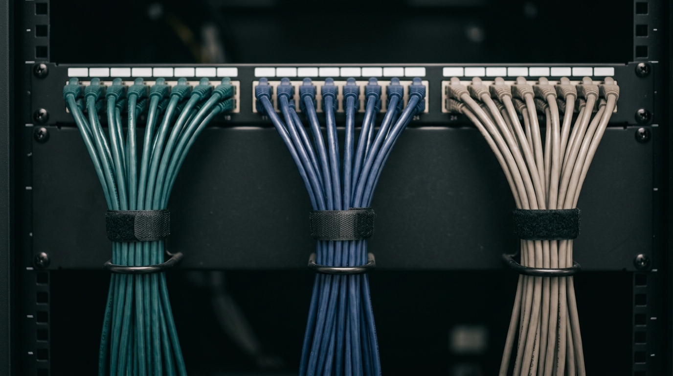Network rack with patch cables grouped and color-coded into distinct bundles by segment