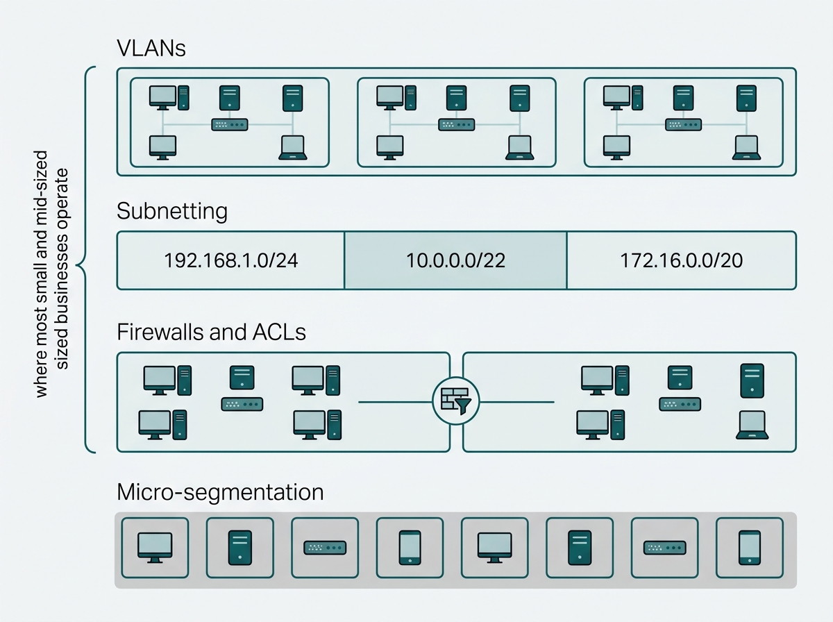 Four segmentation methods arranged from broadest to most granular, showing VLANs and firewall rules as the typical small business range