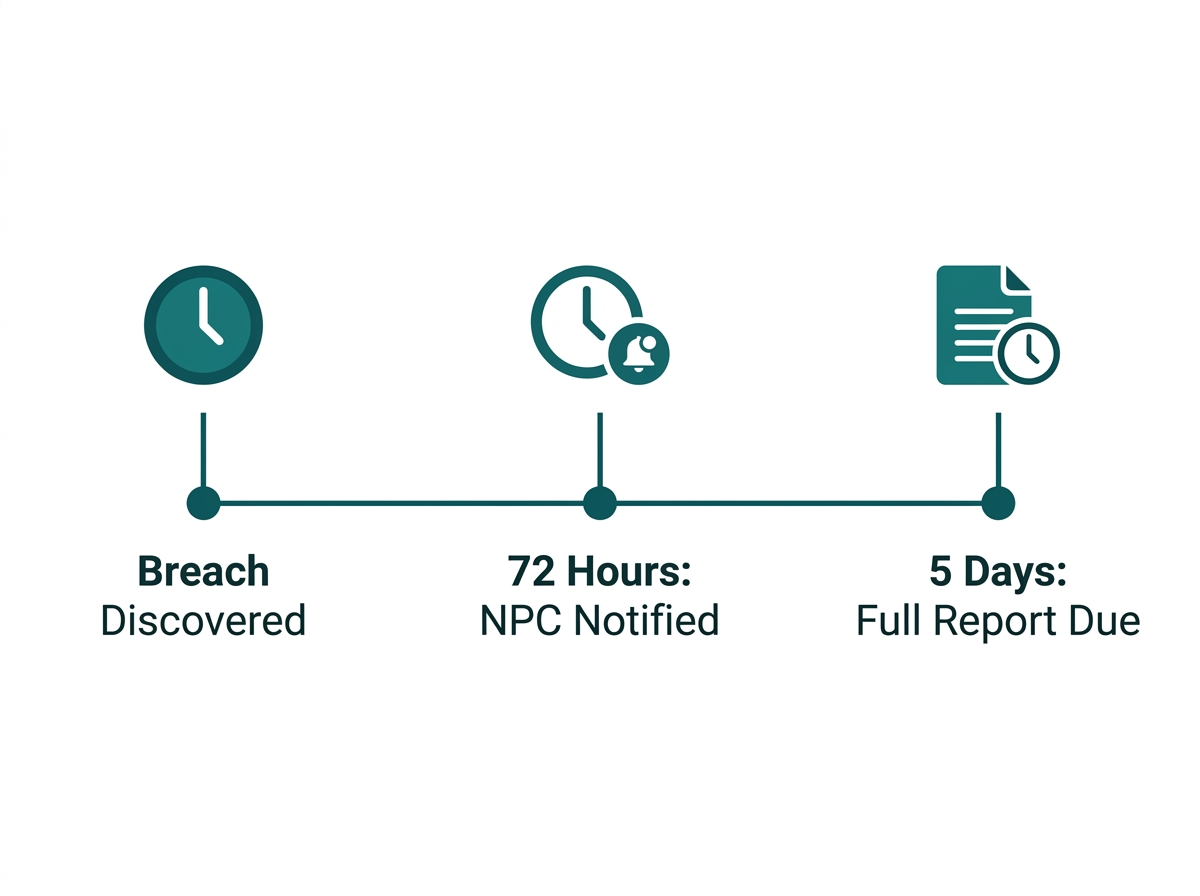 Timeline illustration showing breach discovery, the 72-hour NPC notification deadline, and the 5-day full report deadline