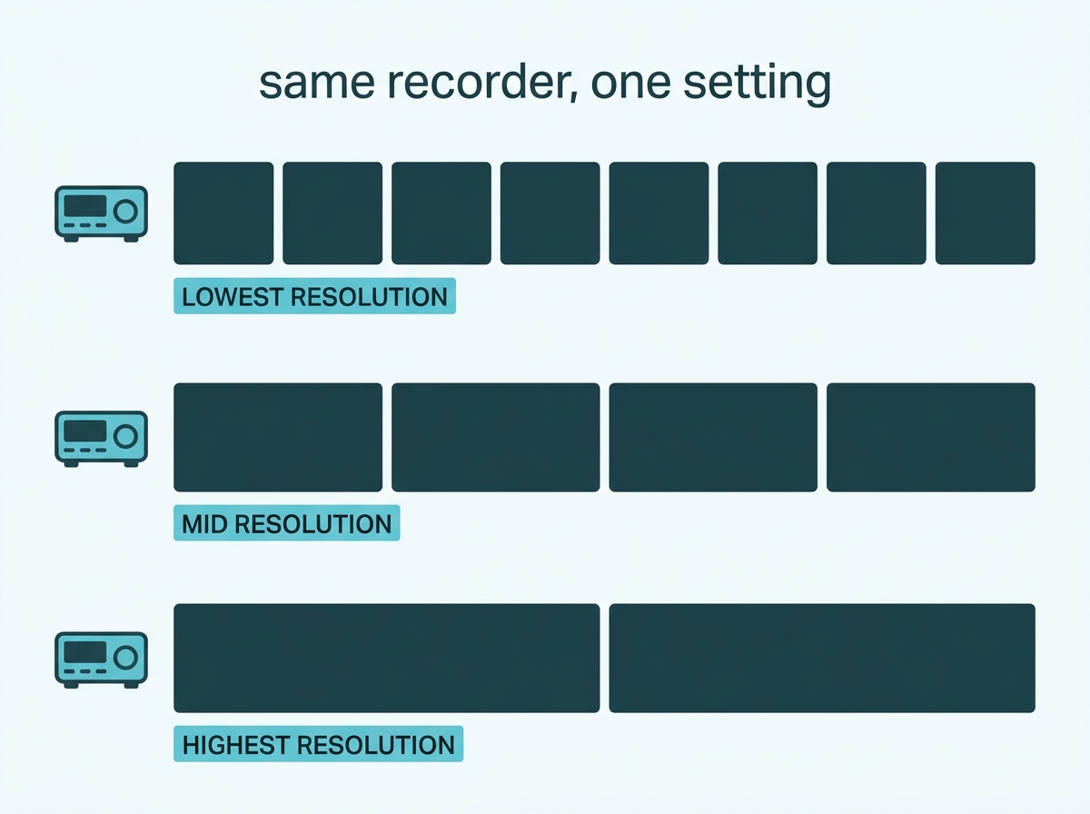 Three rows showing the same recorder displaying eight low-resolution channels, four mid-resolution channels, or two high-resolution channels