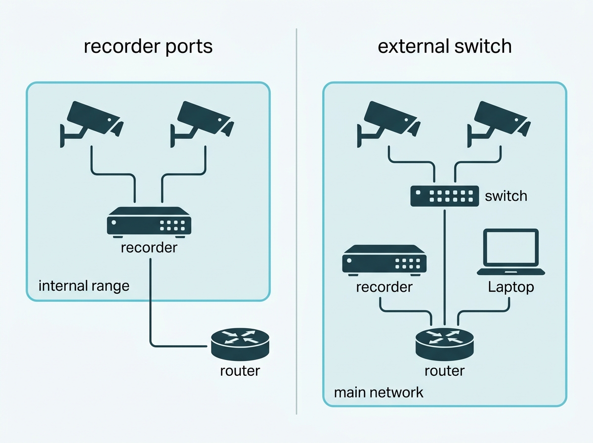 Cameras on a recorder's own ports sitting on a private internal range beside cameras on a switch sharing the main network