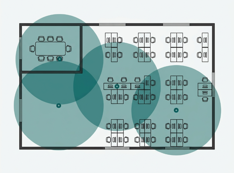 Flat floor plan diagram showing three access point coverage circles overlapping across an open office layout with desks and a meeting room