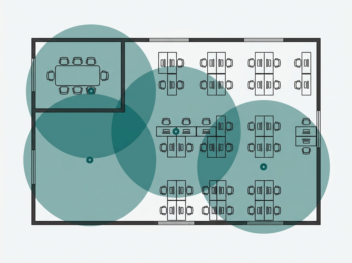 Flat floor plan diagram showing three access point coverage circles overlapping across an open office layout with desks and a meeting room