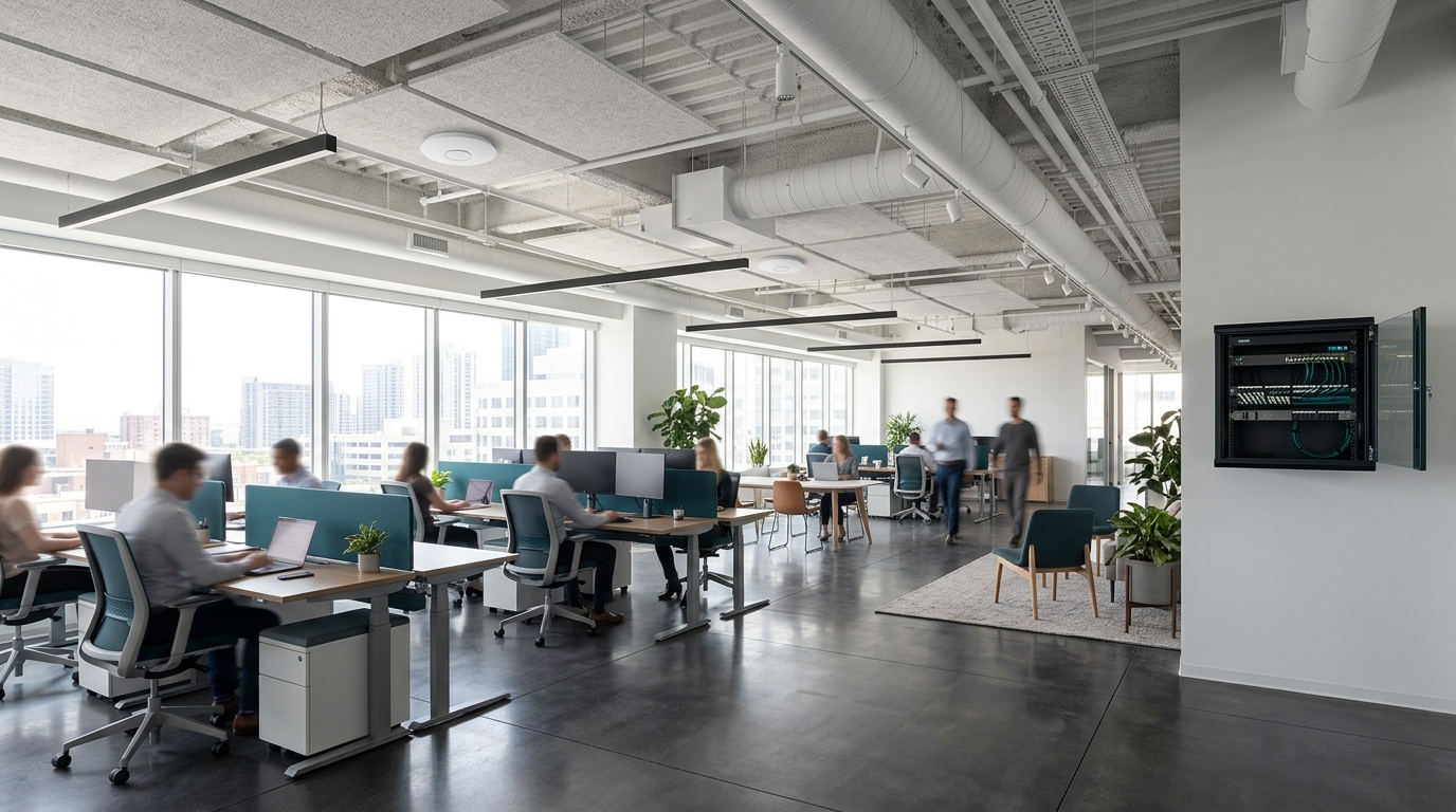 Open-plan office with ceiling-mounted wireless access points above the desks and a wall-mounted network cabinet at the side of the room