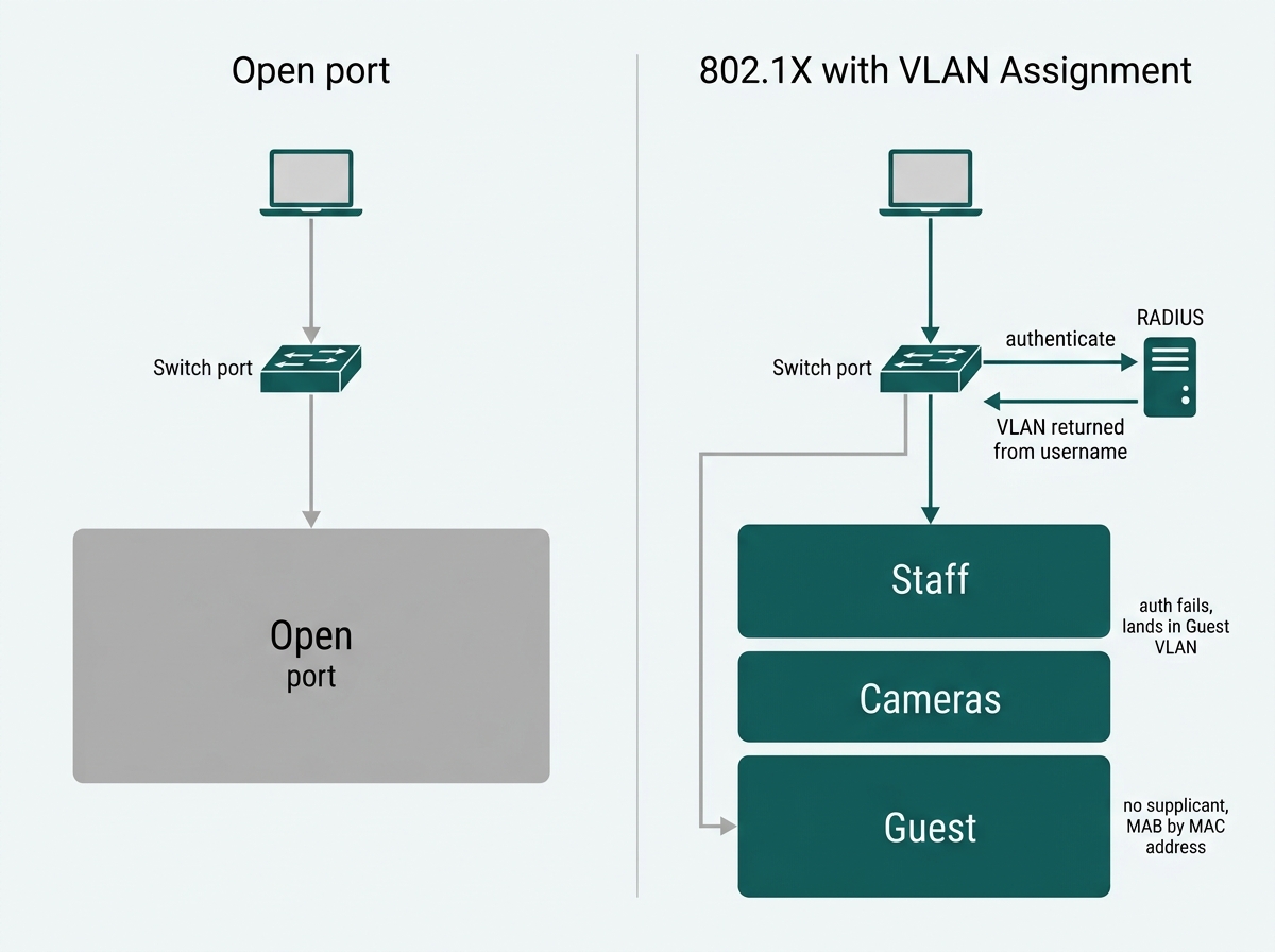 Flow showing a device authenticating at a switch port and being assigned a VLAN by RADIUS, beside an unauthenticated port granting flat network access