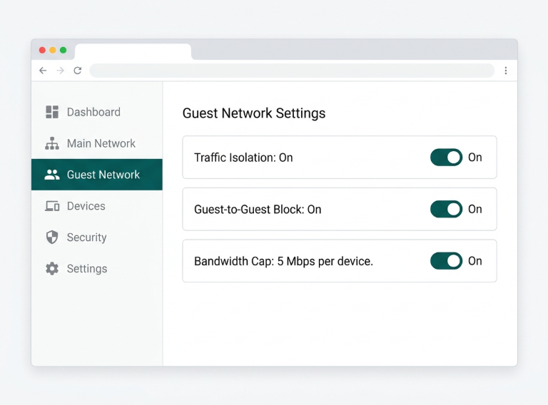 Flat mockup of a network controller dashboard screen showing guest network isolation and bandwidth limit settings