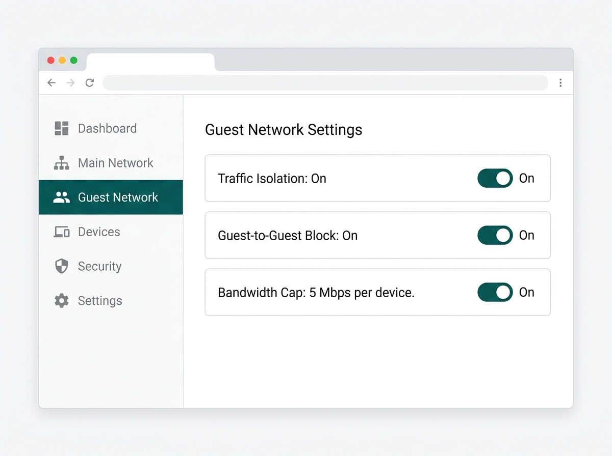 Flat mockup of a network controller dashboard screen showing guest network isolation and bandwidth limit settings