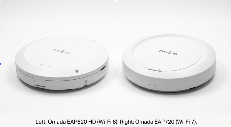 Side by side product photo of the Omada EAP620 HD Wi-Fi 6 access point and the Omada EAP720 Wi-Fi 7 access point