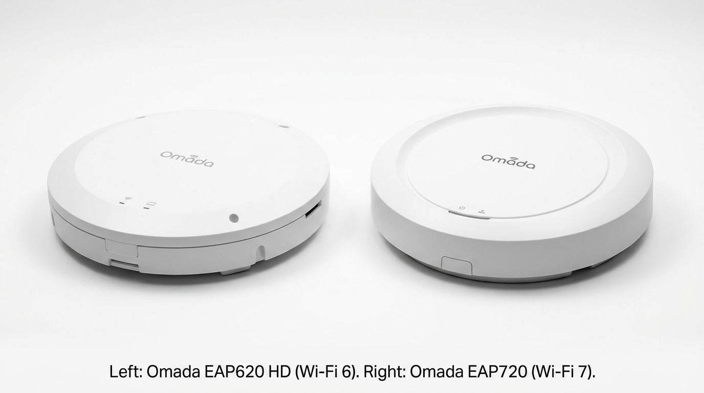 Side by side product photo of the Omada EAP620 HD Wi-Fi 6 access point and the Omada EAP720 Wi-Fi 7 access point