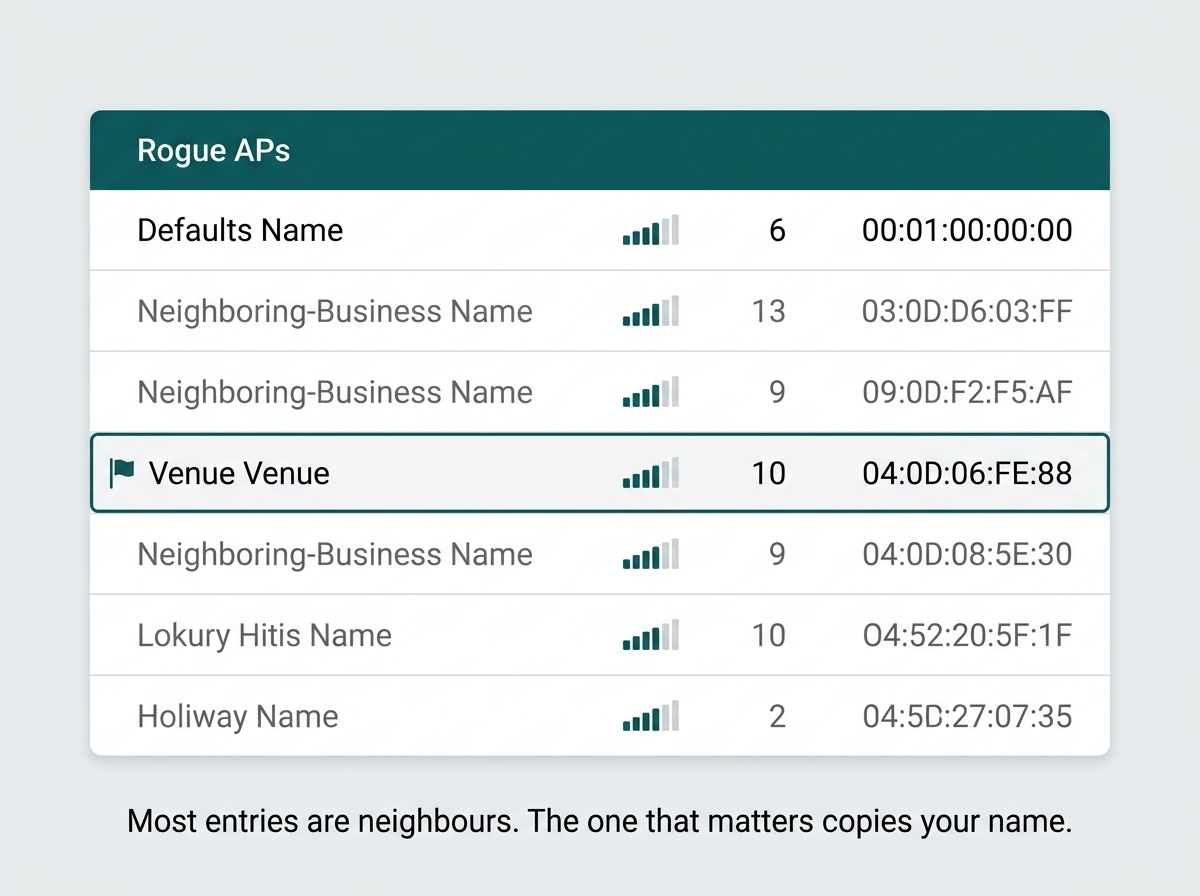 Simplified rogue access point list showing several neighbouring business networks alongside one entry duplicating the venue's own network name