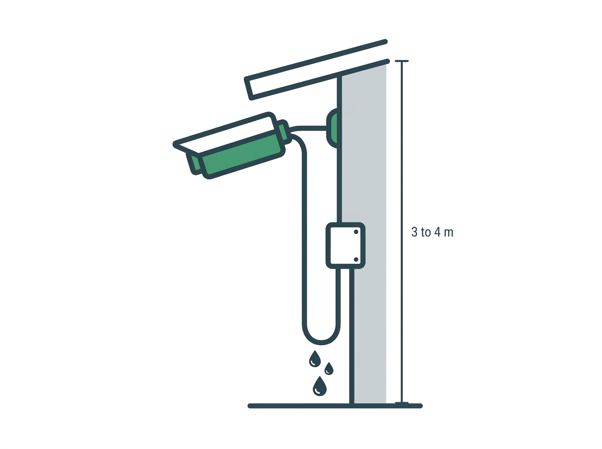 Side view of an outdoor camera under an eave with a drip loop in the cable and a junction box, mounted 3 to 4 meters high