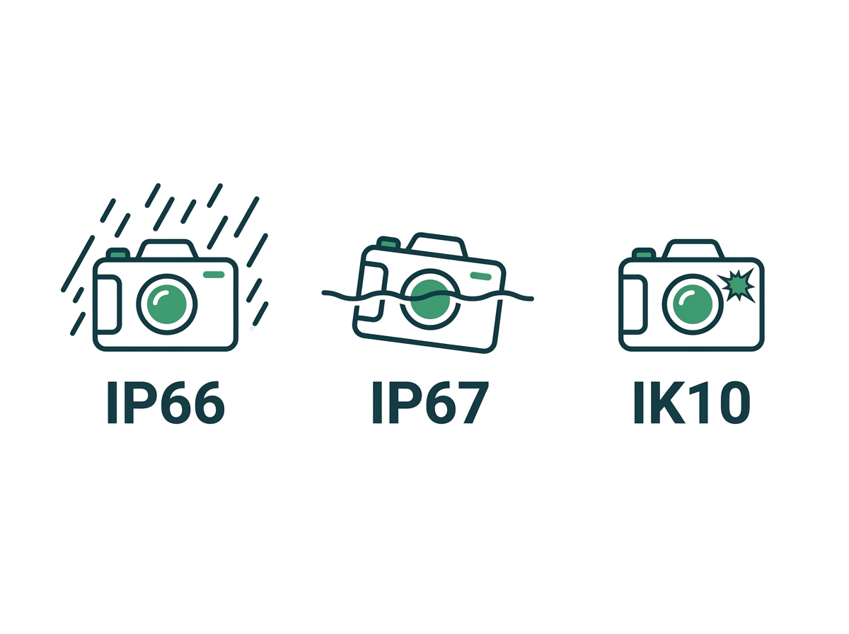 Three icons showing IP66 rain protection, IP67 temporary immersion protection, and IK10 impact protection for outdoor cameras