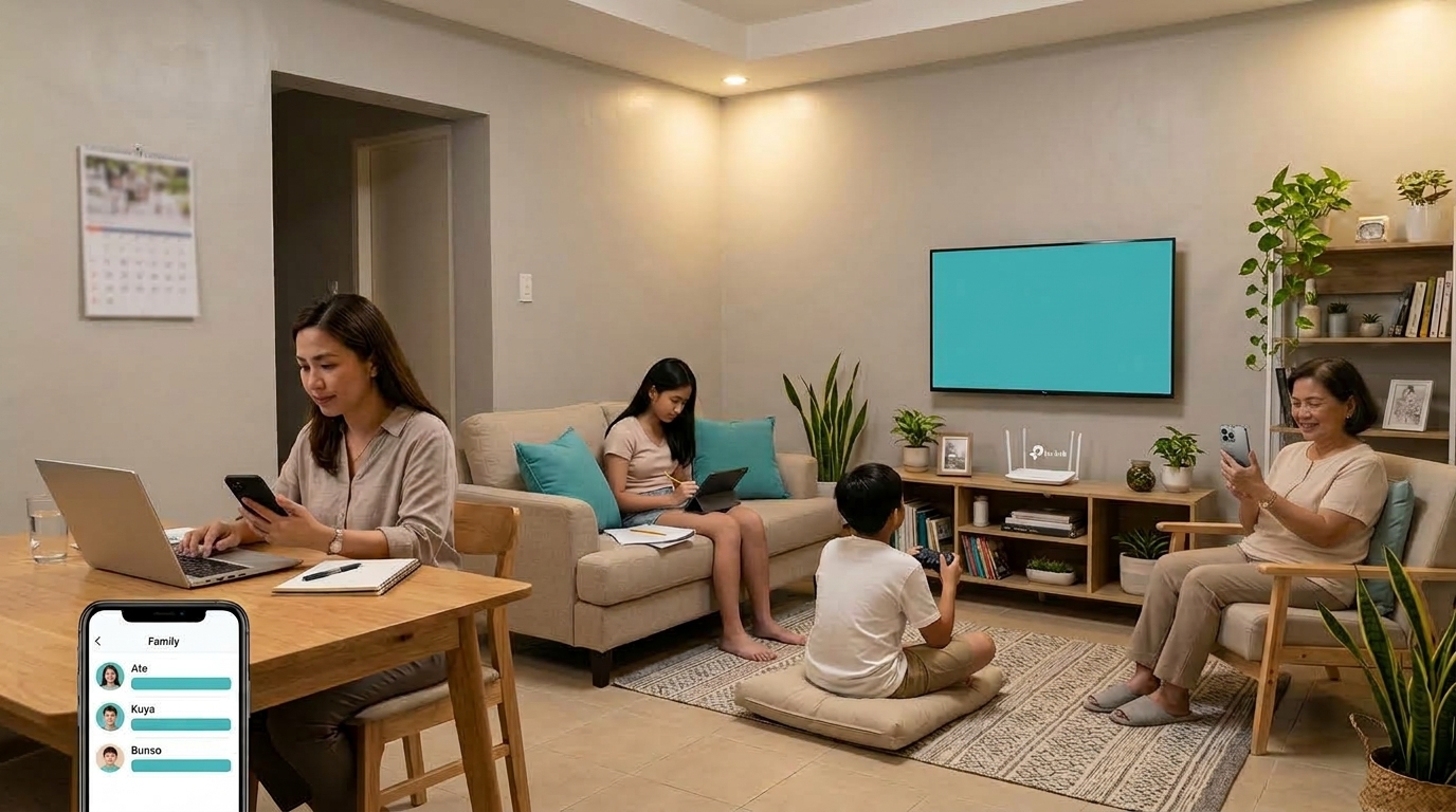Filipino family at home in the evening while a parent manages each child's Wi-Fi rules in the TP-Link app