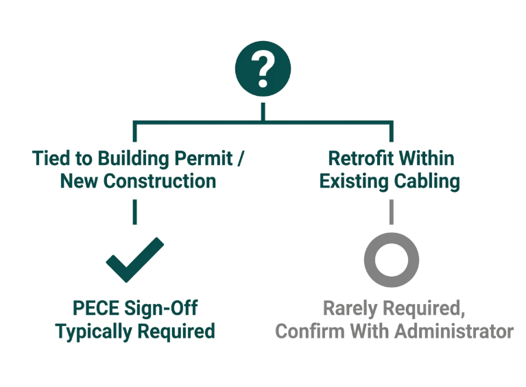 Flat decision diagram showing when Philippine structured cabling work requires PECE sign-off