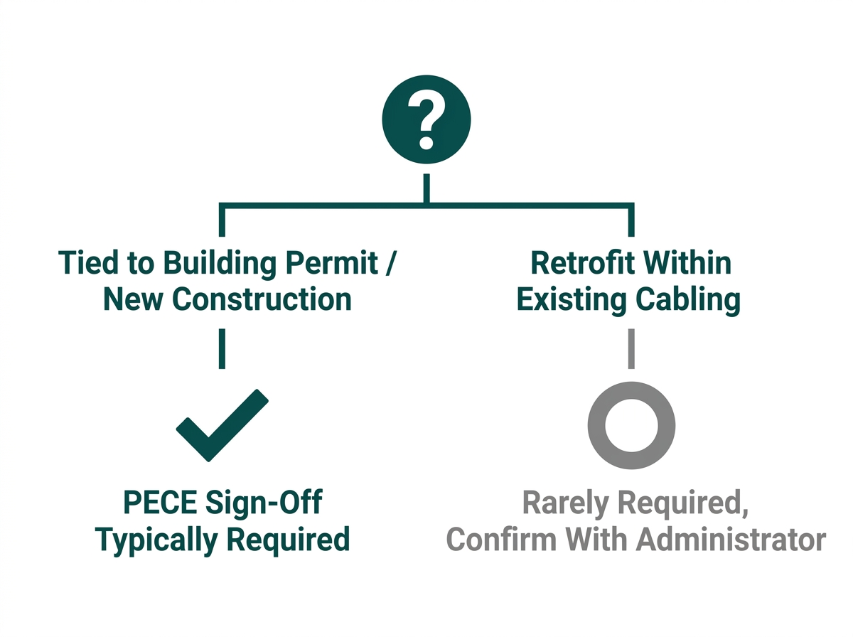 Flat decision diagram showing when Philippine structured cabling work requires PECE sign-off
