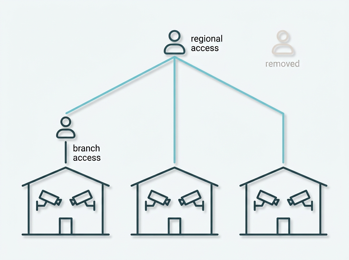 A regional manager with access across three branches beside branch managers each limited to their own site