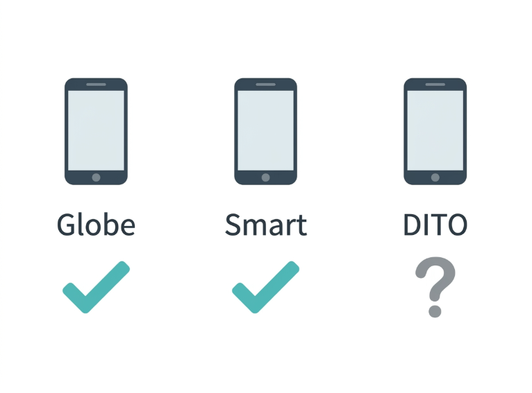 Flat icon comparison showing WiFi calling support status for Globe, Smart, and DITO in the Philippines
