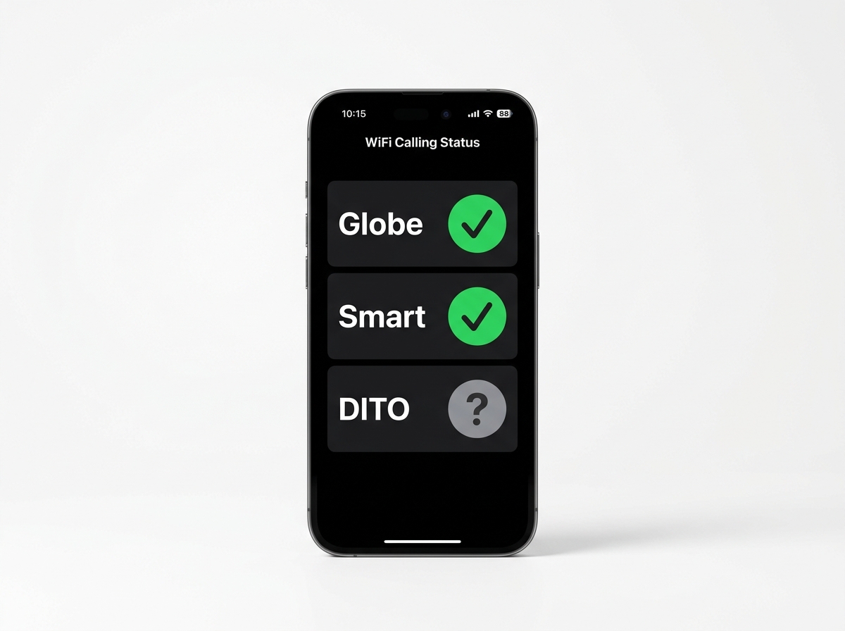 A smartphone shows WiFi calling status for Globe, Smart, and DITO, two enabled and one uncertain