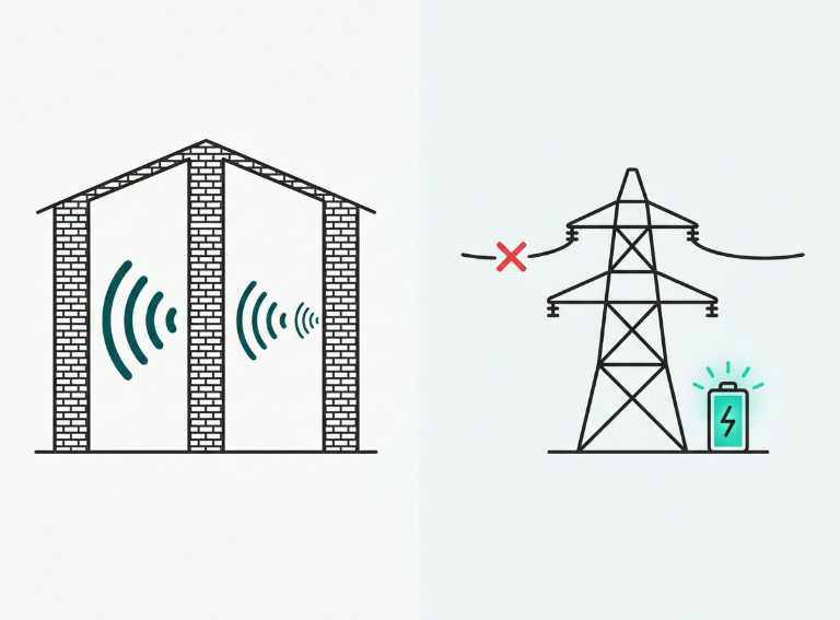 Flat split illustration showing WiFi signal weakening through a concrete building wall on one side and a power grid outage icon with a backup battery on the other