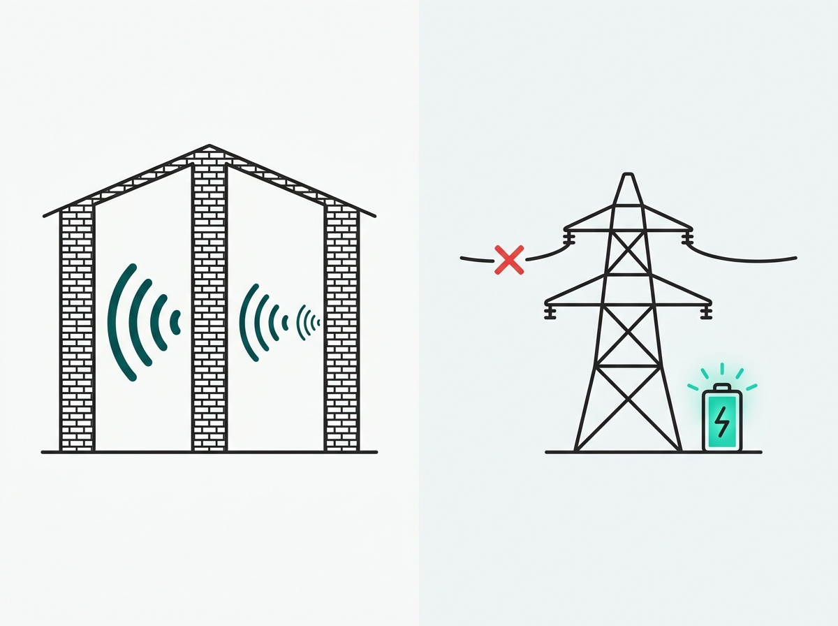 Flat split illustration showing WiFi signal weakening through a concrete building wall on one side and a power grid outage icon with a backup battery on the other