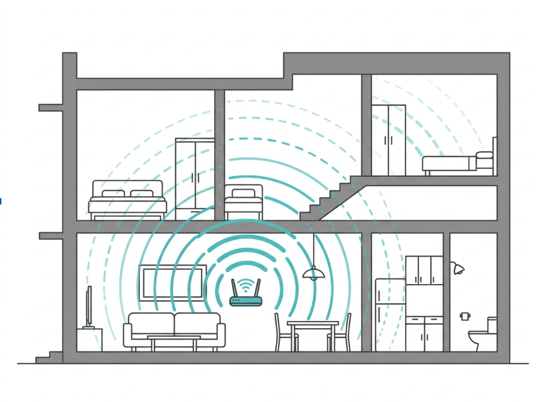 Cross-section illustration of a Philippine concrete home showing WiFi signal weakening through walls and floors