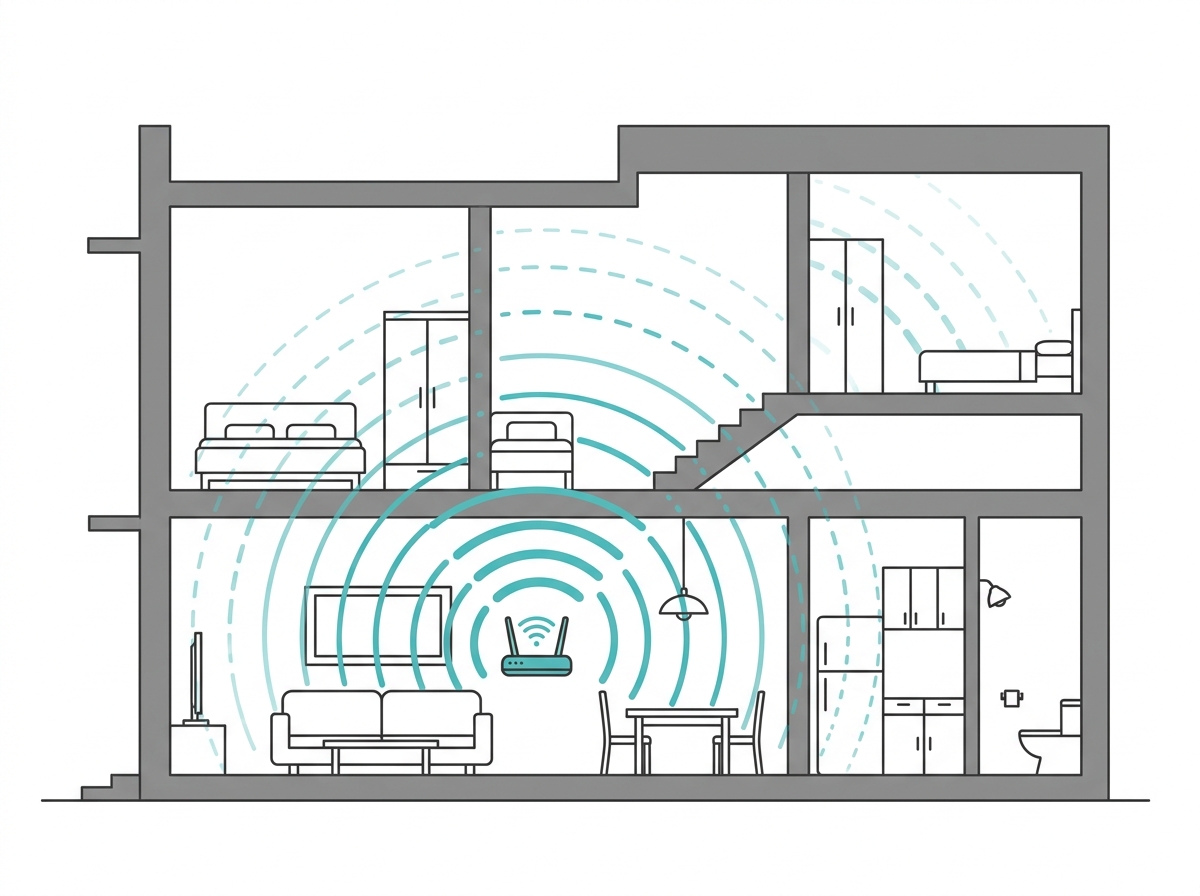 Cross-section illustration of a Philippine concrete home showing WiFi signal weakening through walls and floors