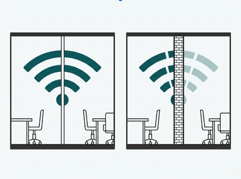 Flat illustration comparing a drywall partition office layout to a reinforced concrete partition office layout