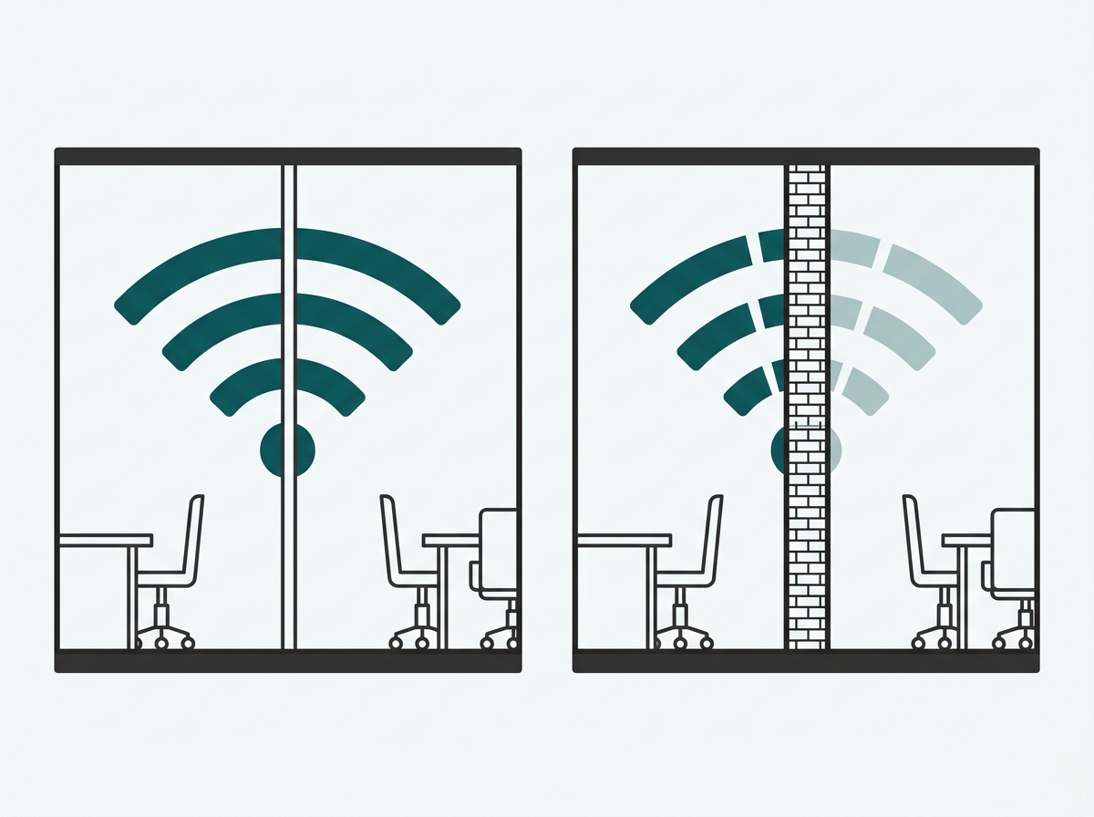Flat illustration comparing a drywall partition office layout to a reinforced concrete partition office layout