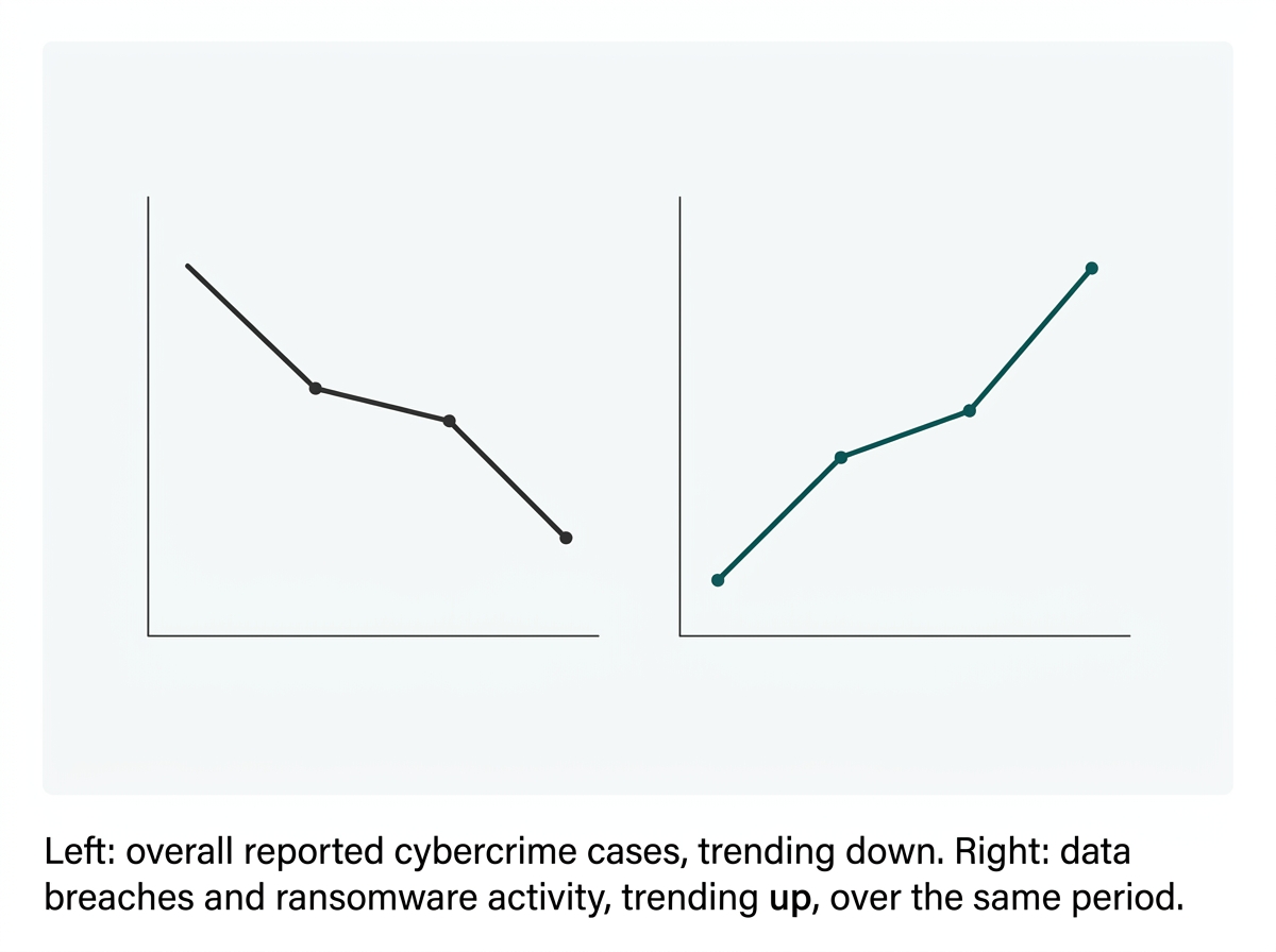 Flat split illustration showing a downward trend line for overall scam reports next to an upward trend line for data breaches and ransomware