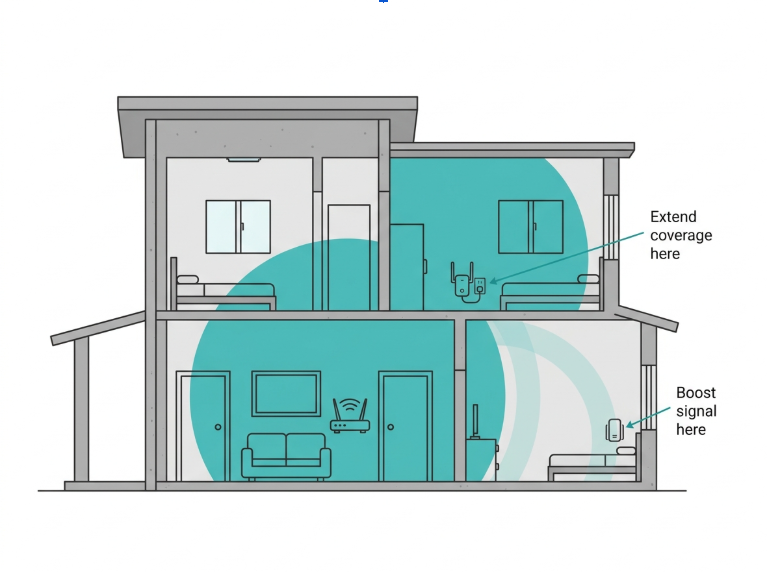 Illustration of a Philippine concrete home showing where to place a WiFi extender versus a signal booster based on the type of WiFi problem
