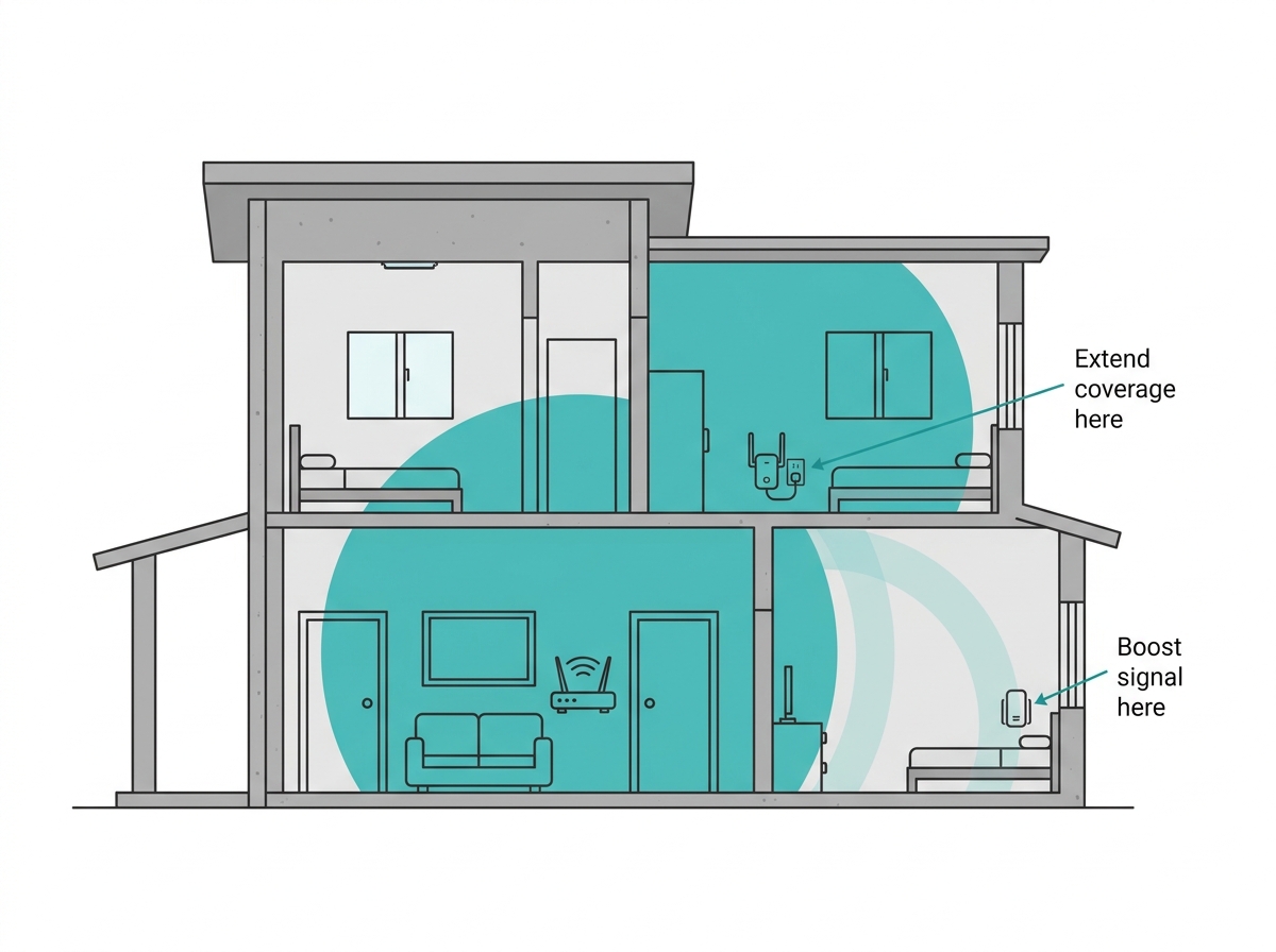 Illustration of a Philippine concrete home showing where to place a WiFi extender versus a signal booster based on the type of WiFi problem