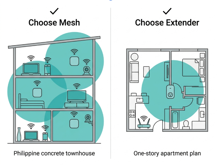 Two Philippine home illustrations showing which scenario suits a mesh system versus a WiFi extender