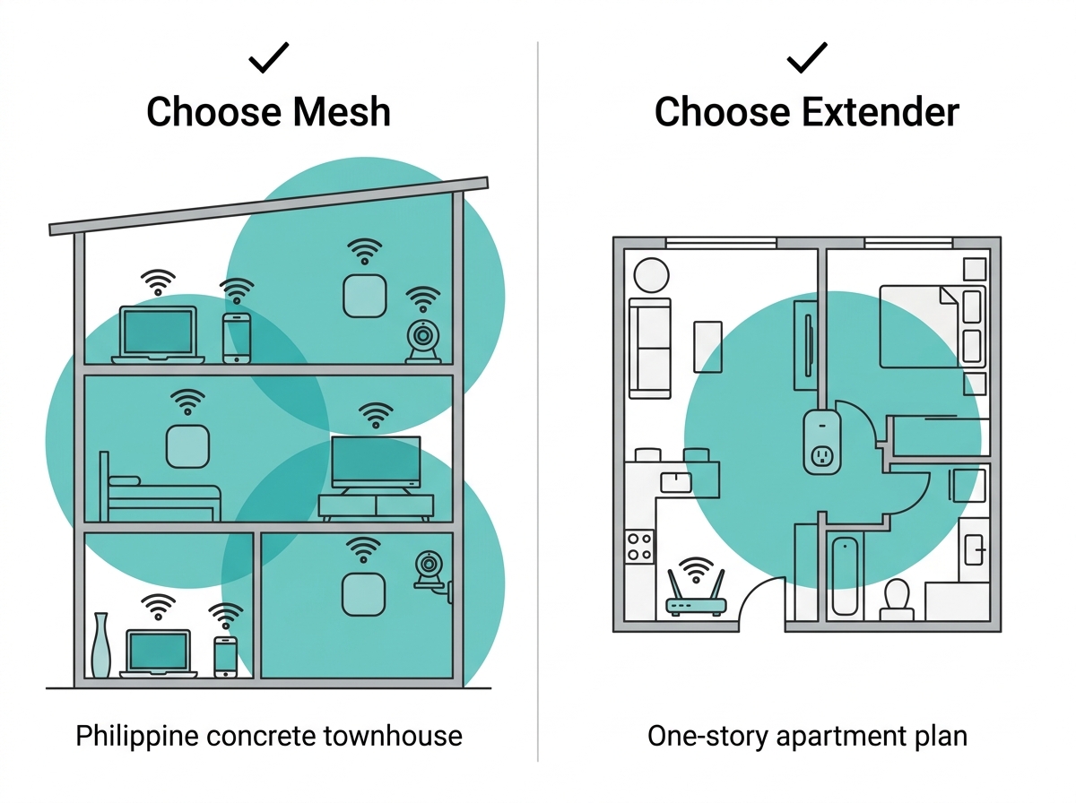 Two Philippine home illustrations showing which scenario suits a mesh system versus a WiFi extender