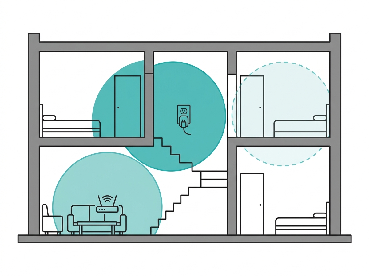 Diagram showing correct WiFi extender placement in a Philippine concrete home, avoiding signal loss through thick walls