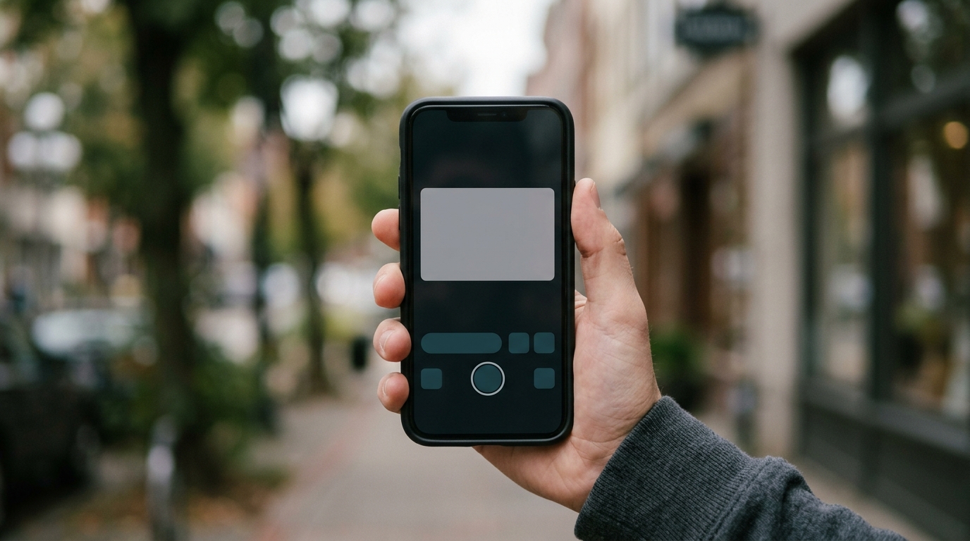 Phone held in one hand showing a live camera view, with an unrelated street scene out of focus behind it