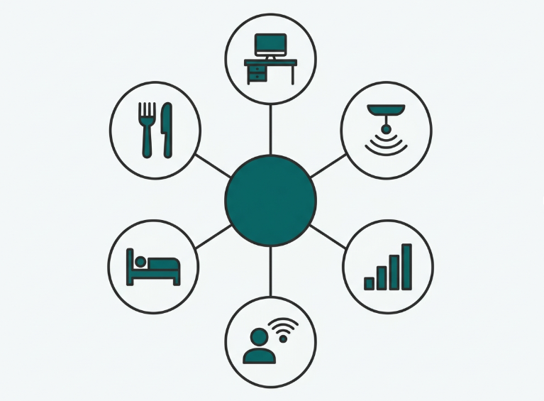 Flat hub-and-spoke diagram showing the Business WiFi Solutions Philippines pillar at the center connected to six related cluster guides
