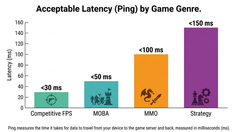 Recommended ping benchmark by game type for online gaming - FPS, MOBA, MMO, and casual gaming targets