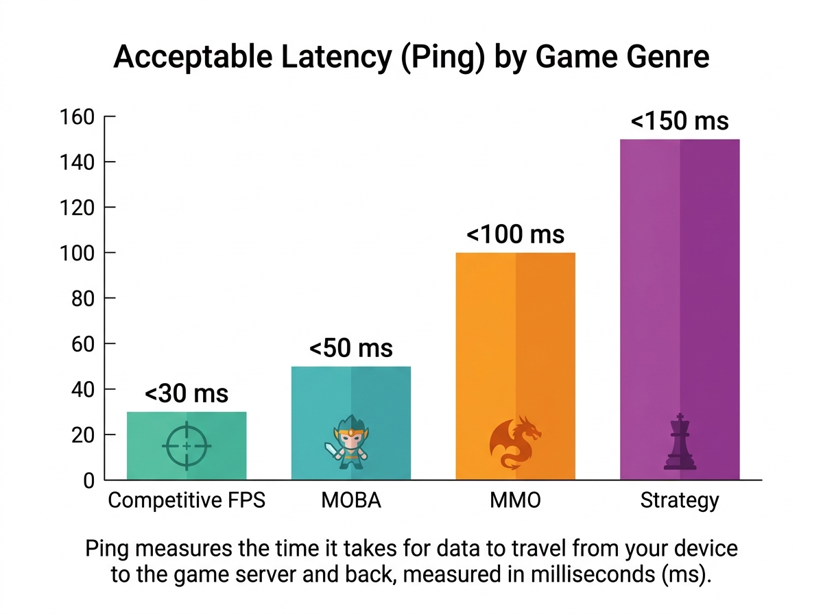Recommended ping benchmark by game type for online gaming - FPS, MOBA, MMO, and casual gaming targets