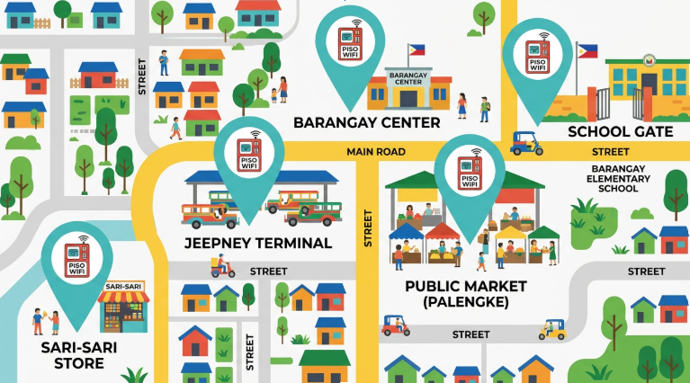 Best locations for a Piso WiFi business in the Philippines - sari-sari store, terminal, palengke, school, and barangay center
