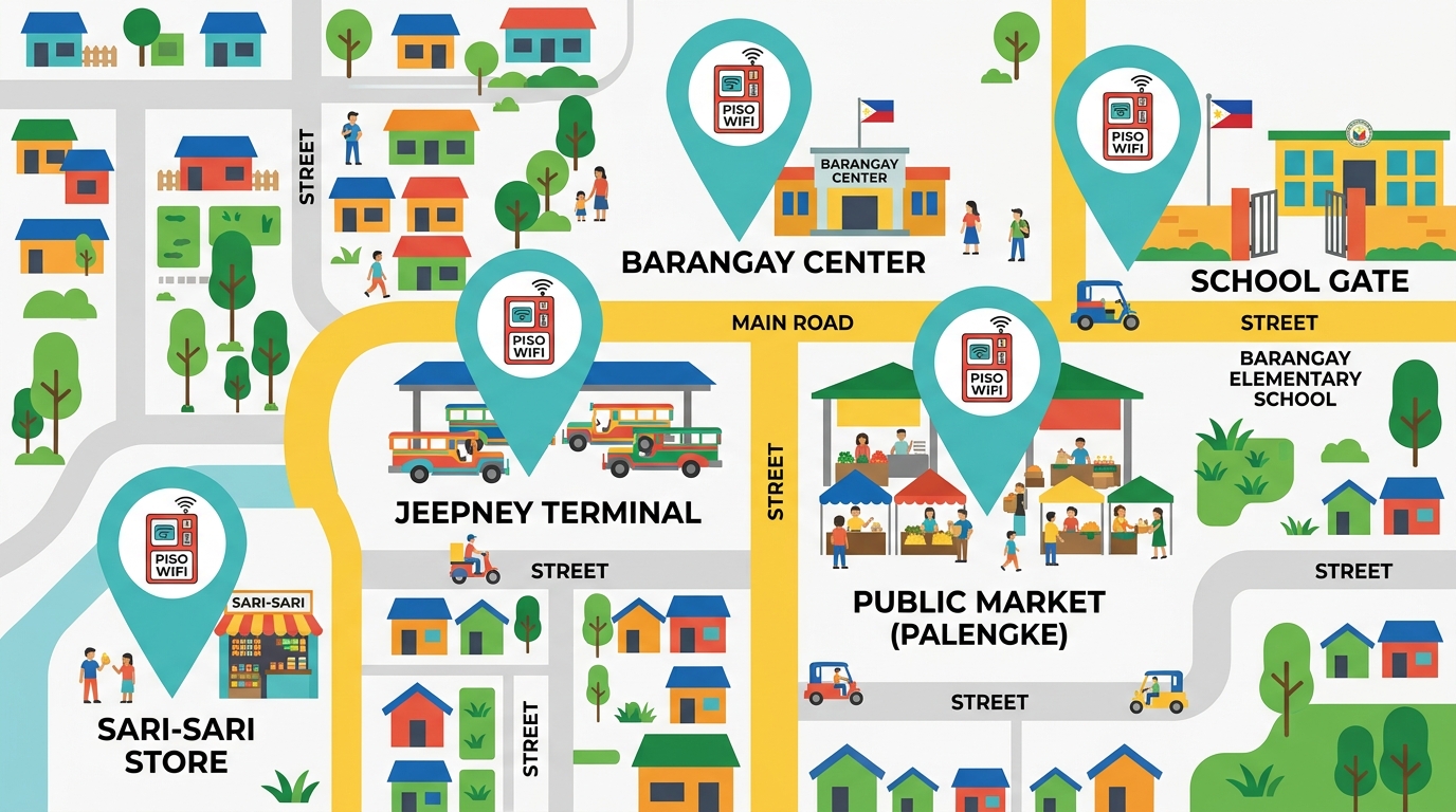 Best locations for a Piso WiFi business in the Philippines - sari-sari store, terminal, palengke, school, and barangay center