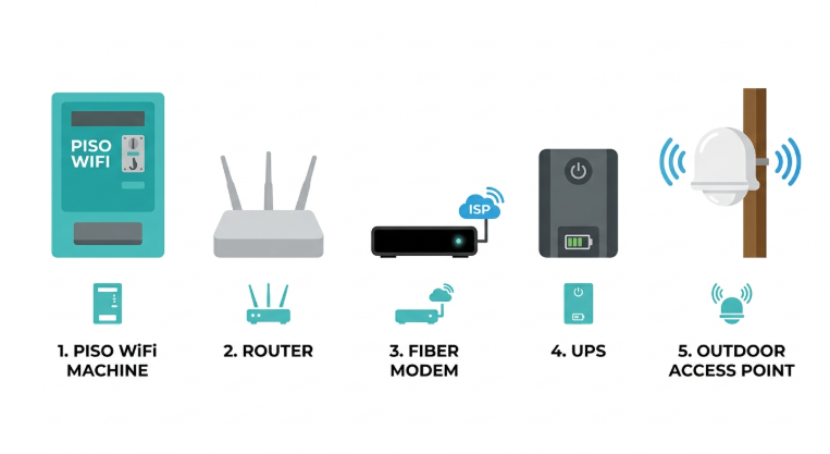 Piso WiFi equipment list - vending machine, router, ISP modem, UPS, and outdoor access point for Philippine operators