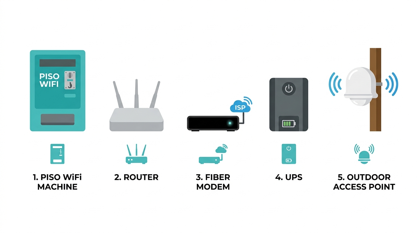 Piso WiFi equipment list - vending machine, router, ISP modem, UPS, and outdoor access point for Philippine operators