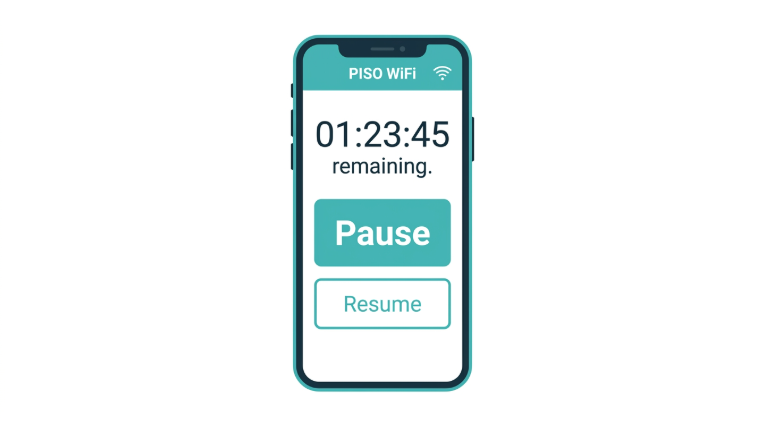 Piso WiFi pause time - smartphone showing captive portal with pause and resume session buttons