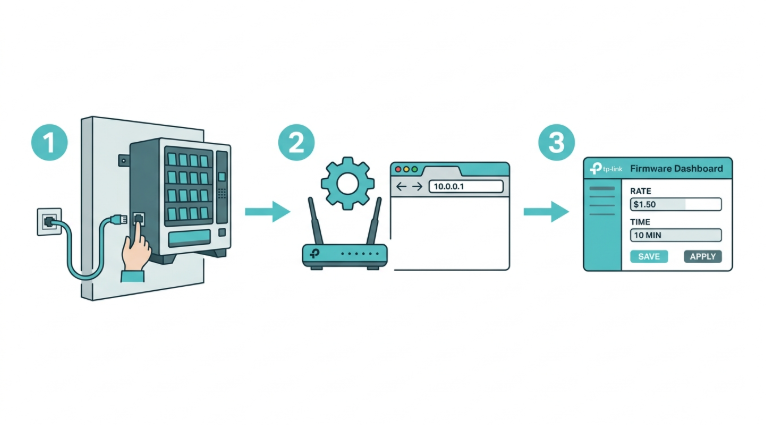 Piso WiFi machine setup - three phases: hardware installation, router configuration at 10.0.0.1, and firmware setup