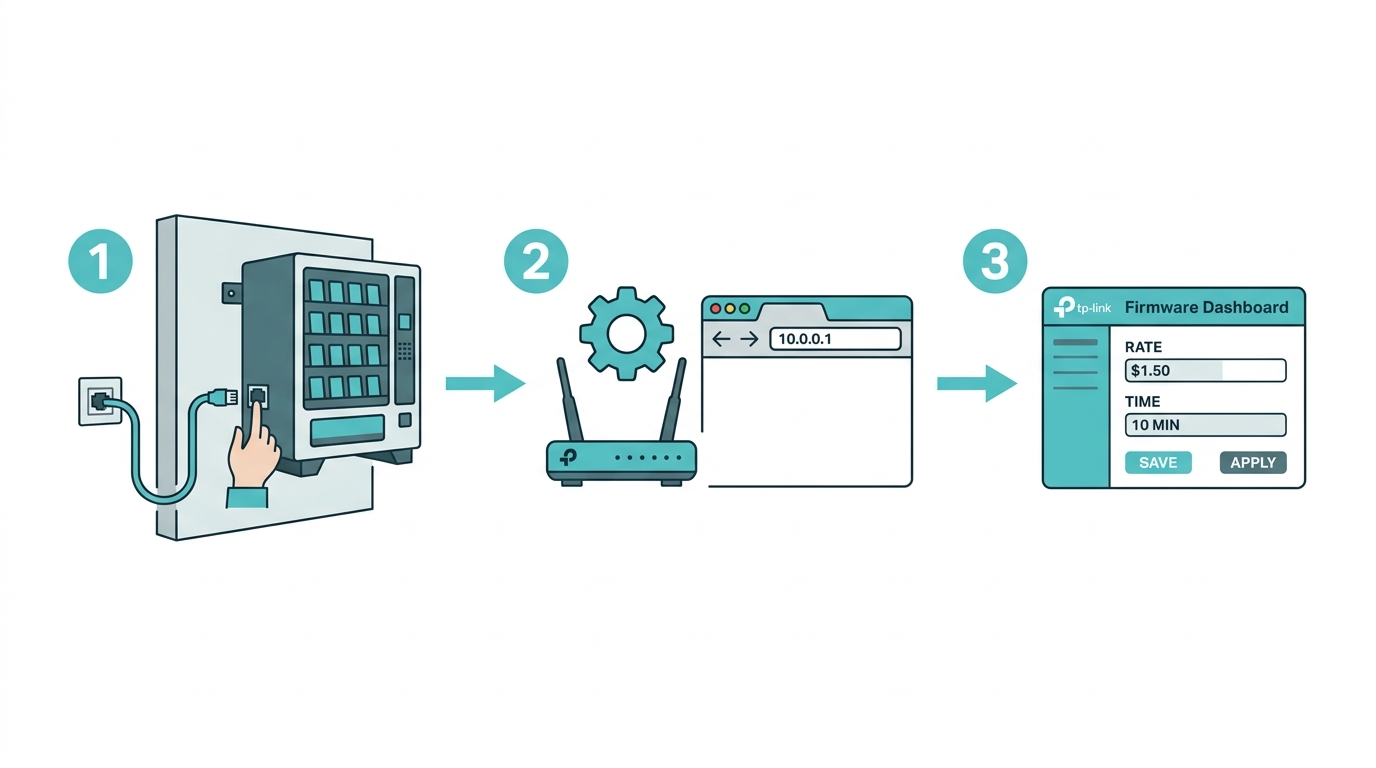Piso WiFi machine setup - three phases: hardware installation, router configuration at 10.0.0.1, and firmware setup