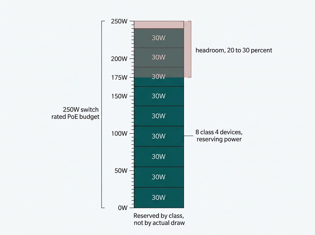 PoE budget bar showing reserved device power filling most of a 250 watt rating with a shaded headroom band left unused at the top