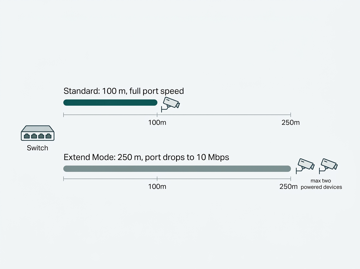 Comparison of a standard 100 meter PoE run at gigabit speed and a 250 meter extend mode run limited to 10 Mbps and two devices