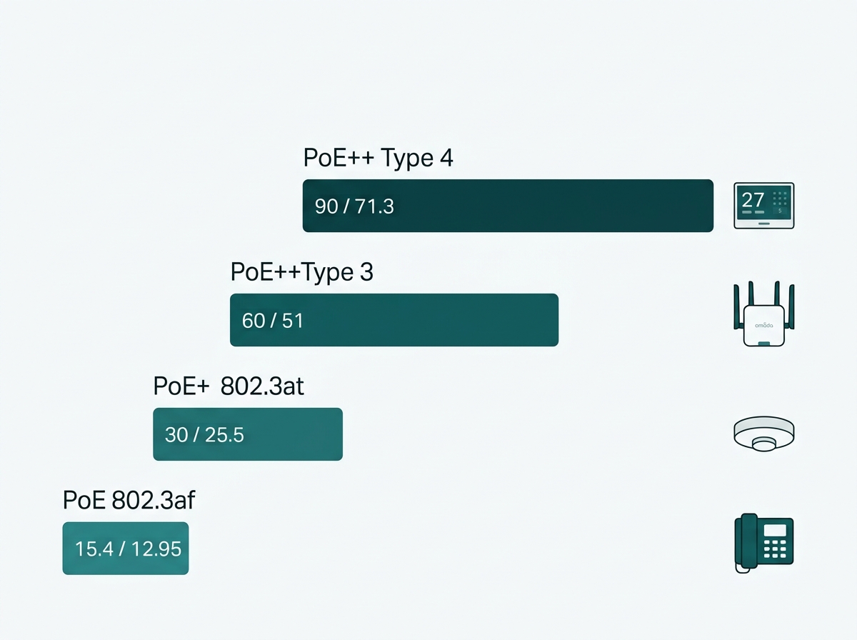 : Four-tier comparison of PoE, PoE plus, and PoE plus plus Type 3 and Type 4 showing power at the switch port and at the device